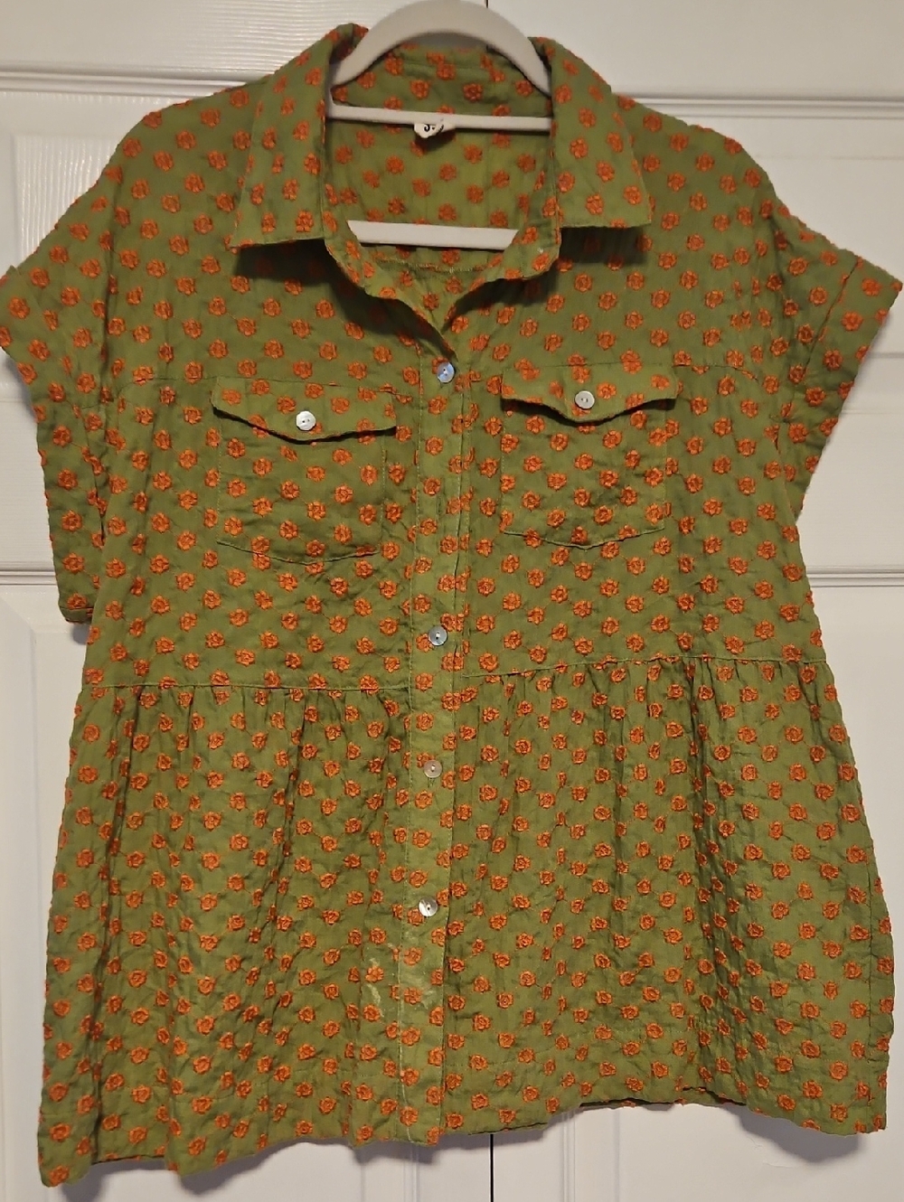 ivy jane Olive Green Button-Down Short Sleeve Shirt with Orange Floral Dots